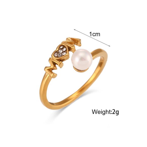 Mom Adjustable Pearl Zircon Heart Stackable Ring 18K Gold Plated Stainless Steel - Picture 11 of 11